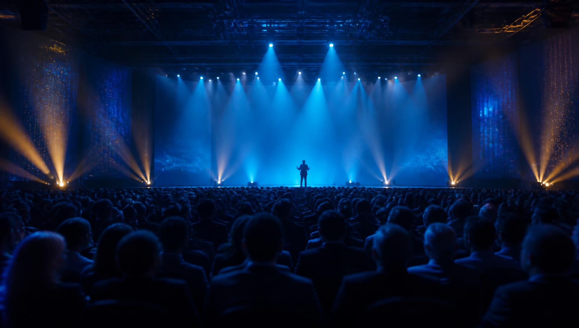 Palestrante em um palco iluminado diante de um grande público